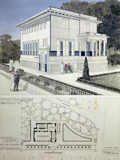 Villa Wagner, Vienna, design showing the exterior of the house, built of steel and concrete in severe geometric style with deep blue panels and nailhead ornament, with below a plan of the house and gr by Otto Wagner